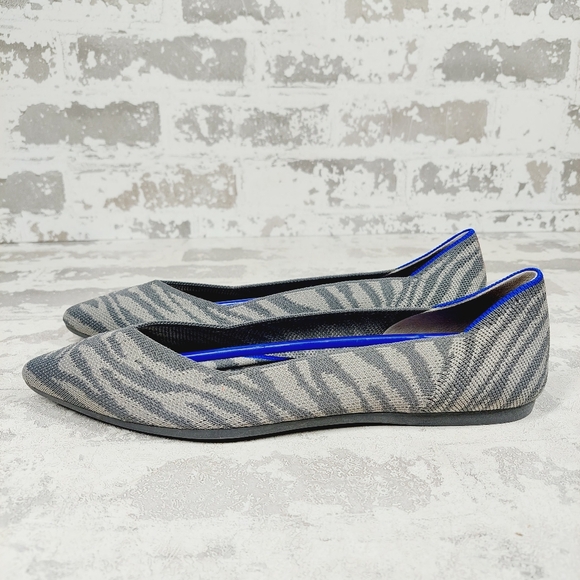 New Rothy's The Flat Grey Zebra Knit Pointy Toe Slip On Loafers W966